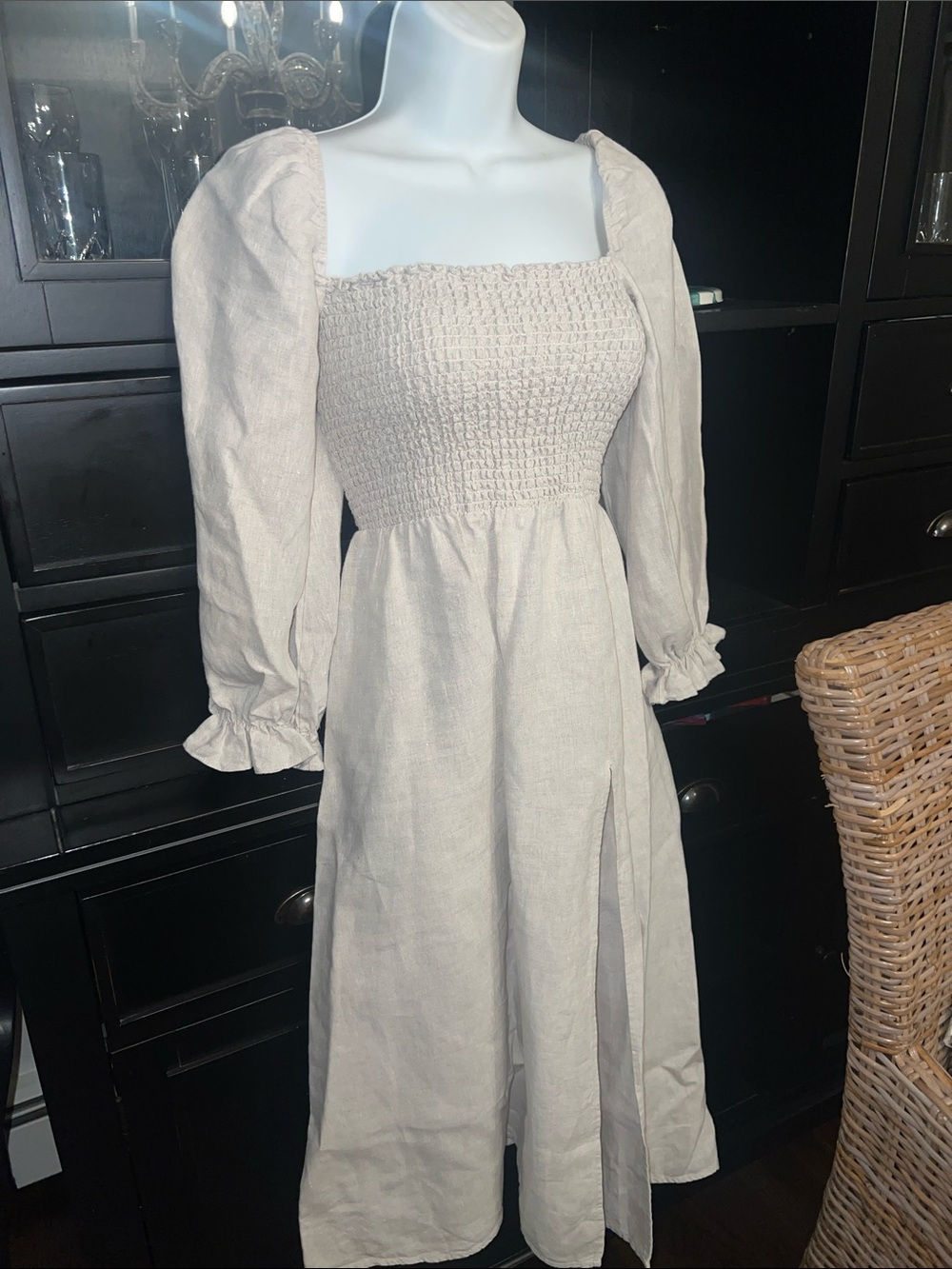 Reformation Light Beige Smocked Square-Neck Linen Midi Dress